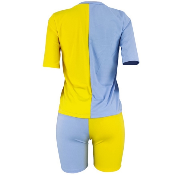 Casual ONeck Patchwork Yellow Two-piece Shorts set - Picture 2 of 4